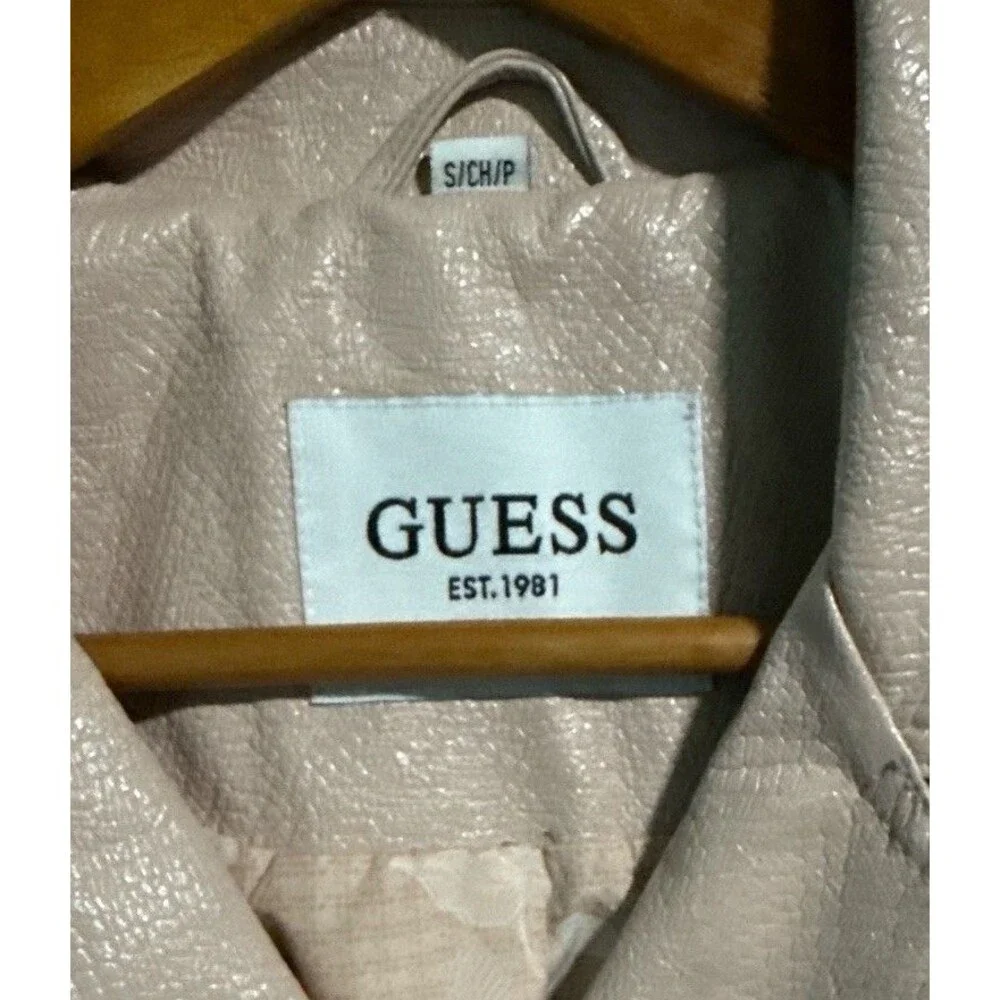 GUESS Moto Jacket Women’s Small Beige Faux Leather Snake Print Cropped Biker